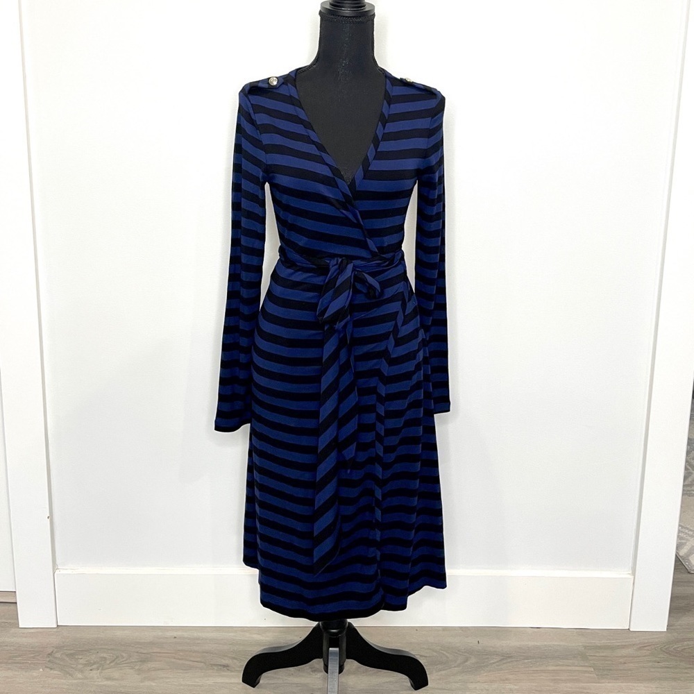 Banana Republic Stretch Black Blue Wrap Long Sleeve Midi Dress